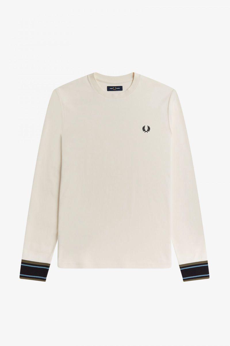 White Fred Perry Striped Cuff Long Sleeve Men's T Shirts | PH 1771DFMN